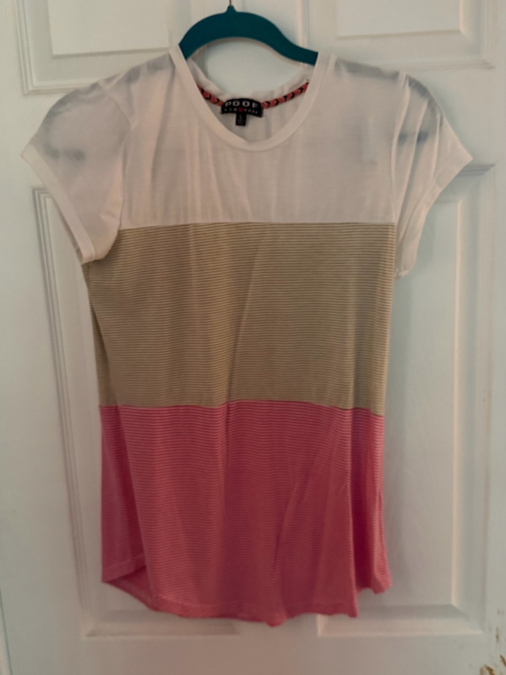 Poof! White, Tan & Pink Colorblock Short Sleeve Tee